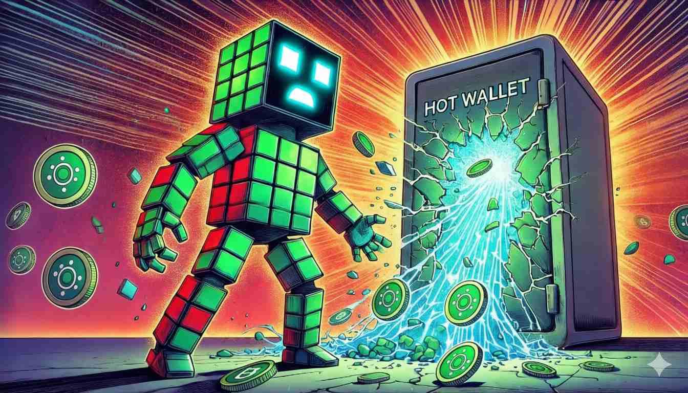 Robot observes a cracked hot wallet spewing out Solana tokens, signifying a loss