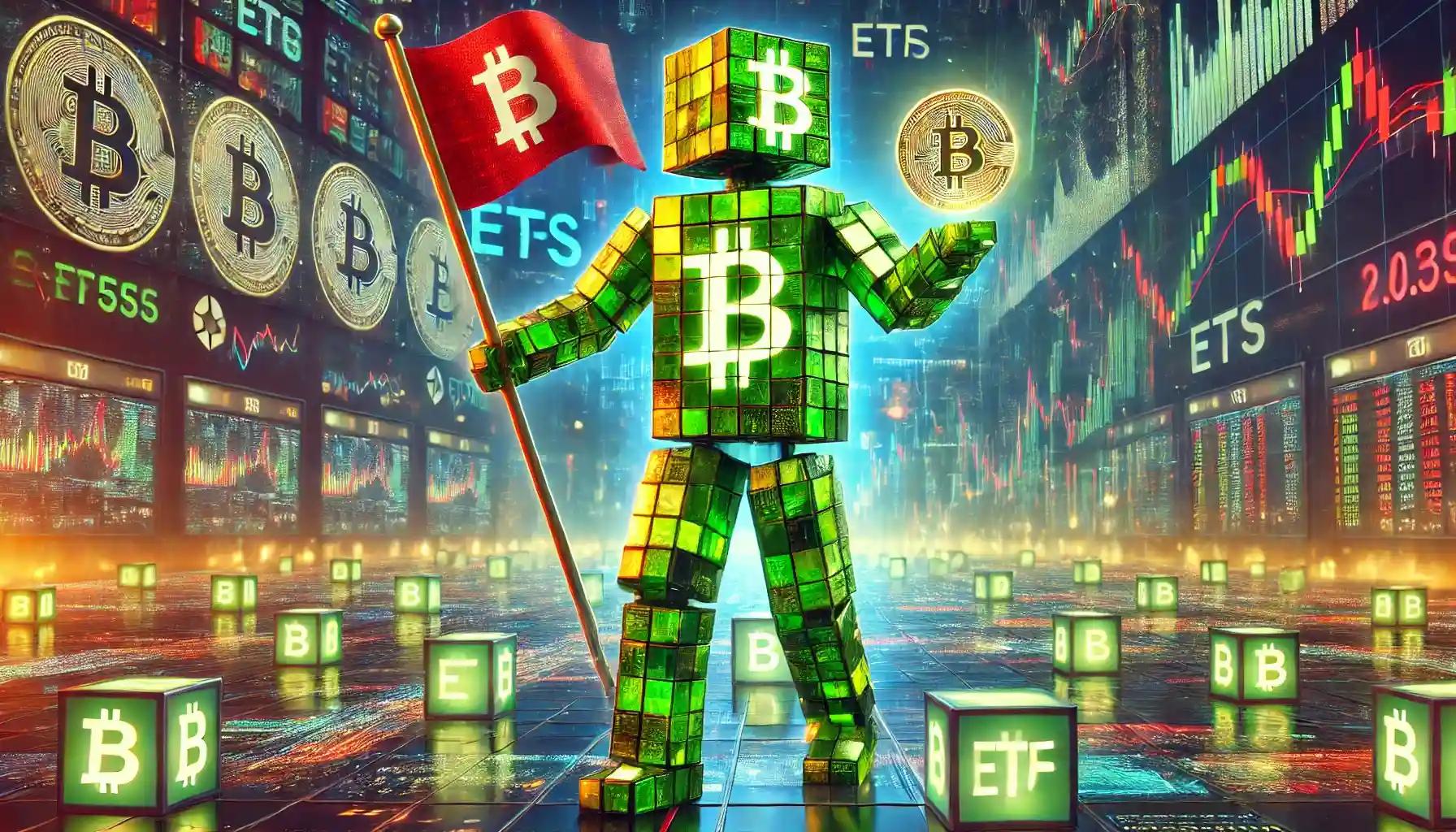 Robot on trading floor holding Bitcoin, waving ETF flag