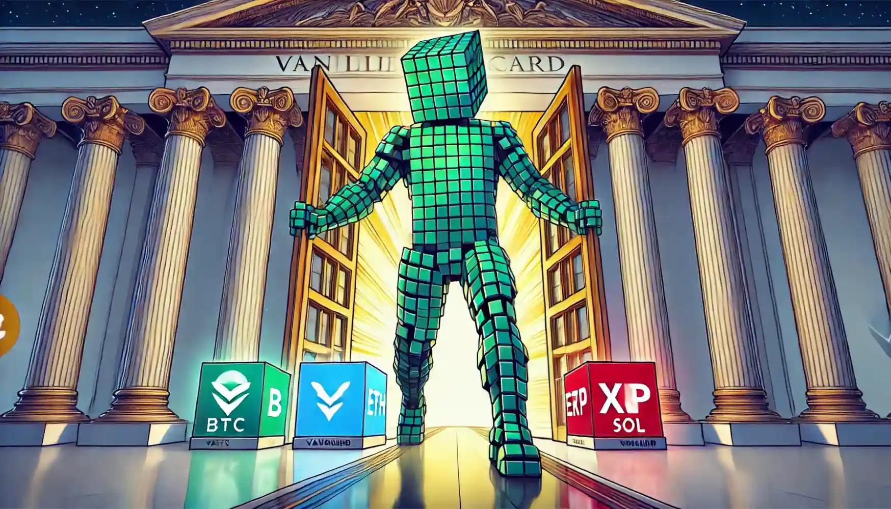 Robot opens Vanguard gate to reveal four glowing crypto asset cubes