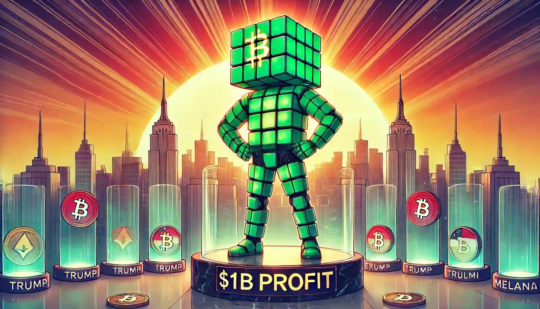 Robot overlooks skyline of TRUMP tokens pulsing with crypto price changes
