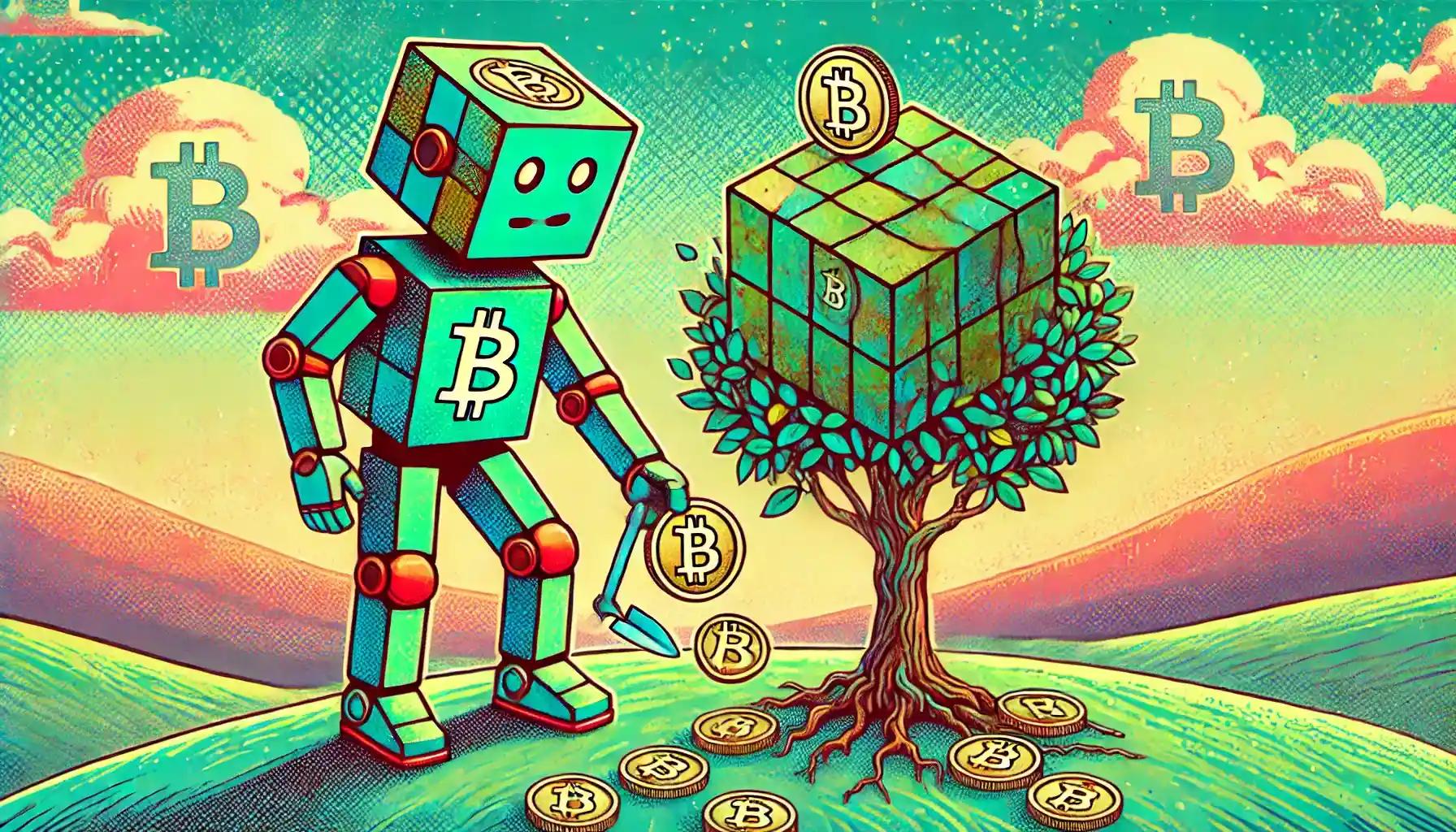 Robot planting Bitcoin trees under carbon credit clouds