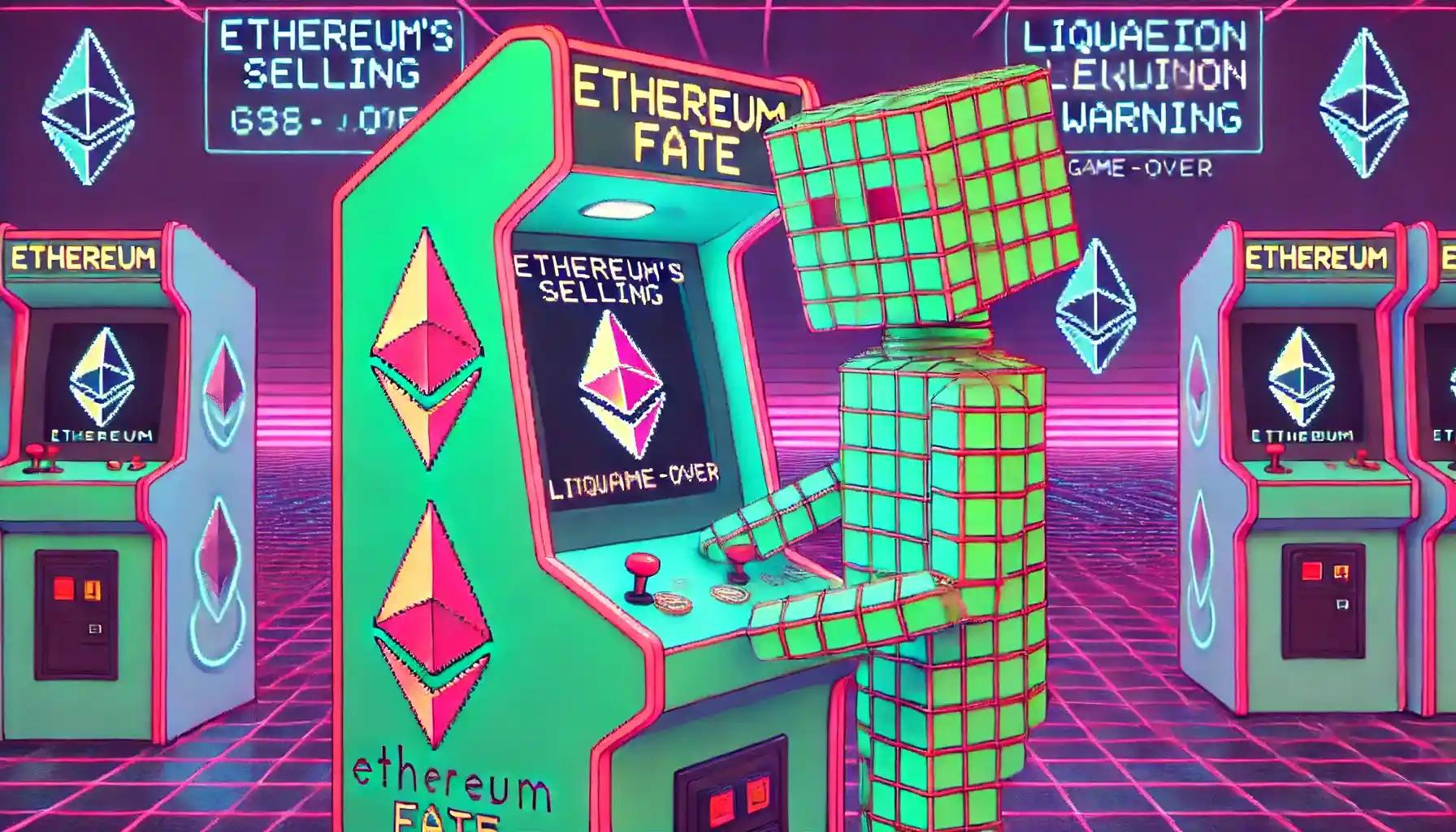 Robot playing Ethereum arcade game as price plummets onscreen