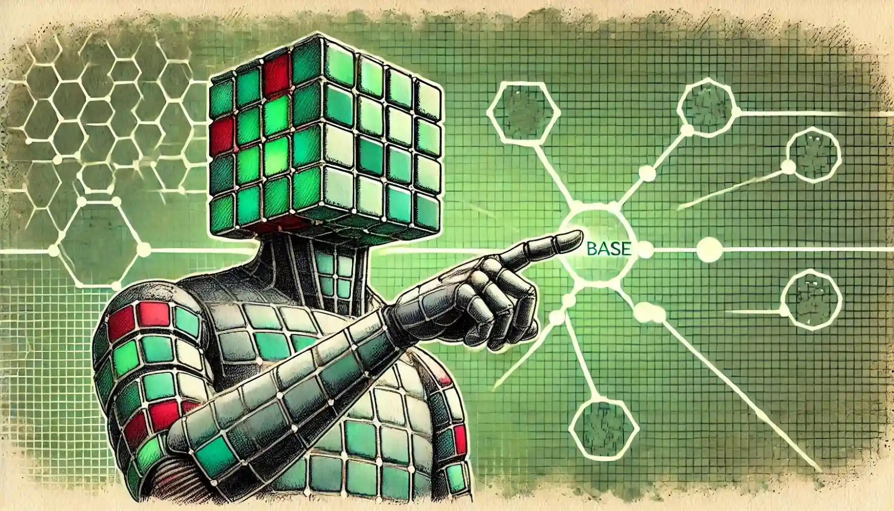 Robot pointing at Base on holographic blockchain map, pastel shapes