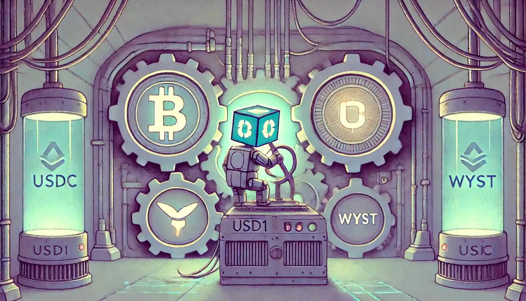 Robot powers stablecoin vault with gears in crypto machine