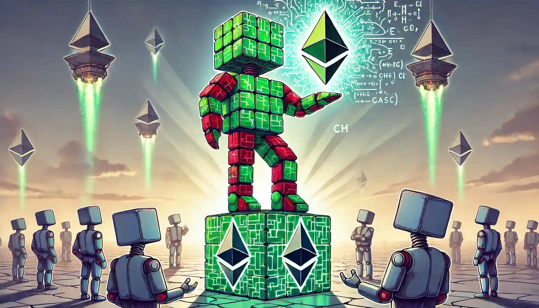 Robot presenting a complex, trustless gas futures contract to a skeptical Ethereum crowd