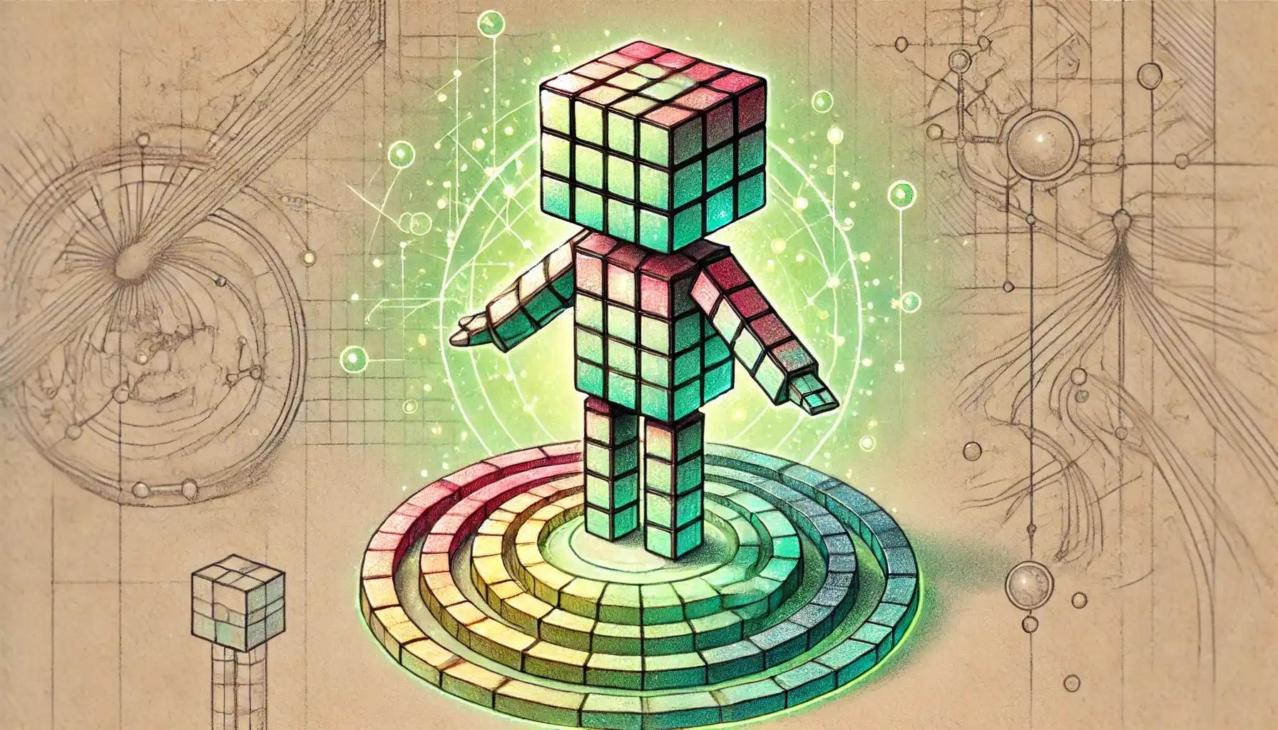 Robot presenting spiral of pastel tiles, glowing network background visible