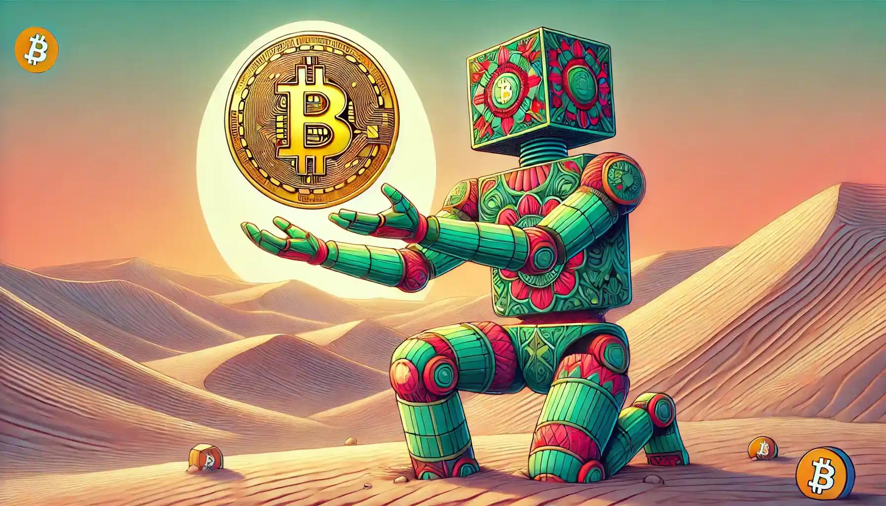 Robot presents Bitcoin glowing in a pastel desert landscape