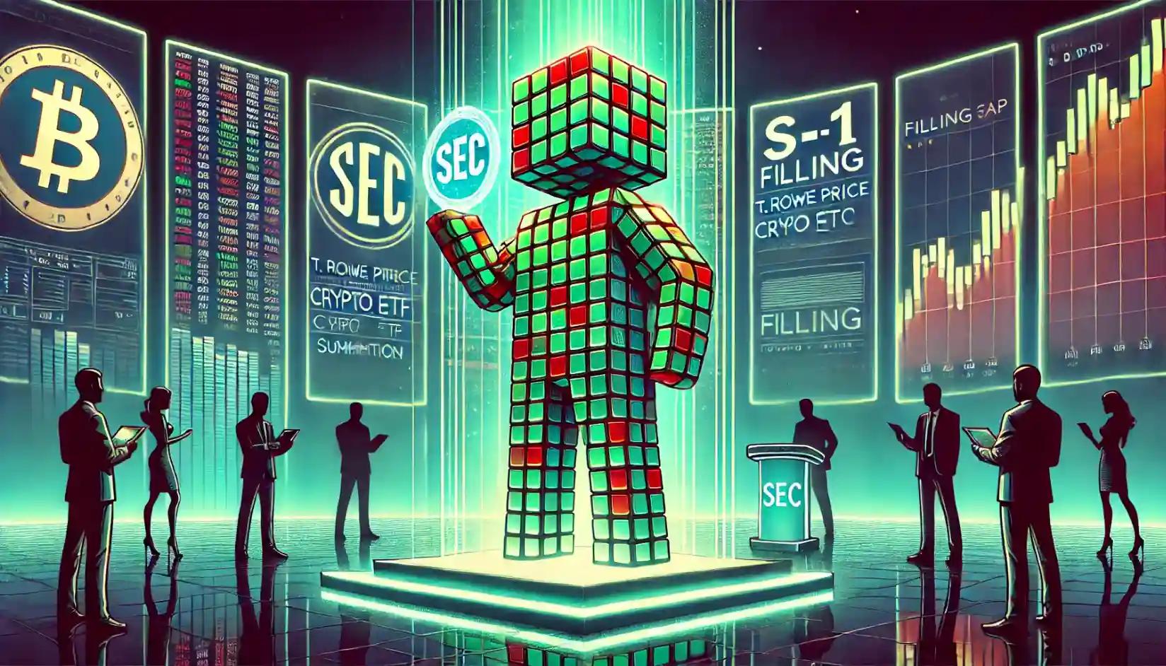 Robot presents SEC crypto ETF filing before glowing crypto price index