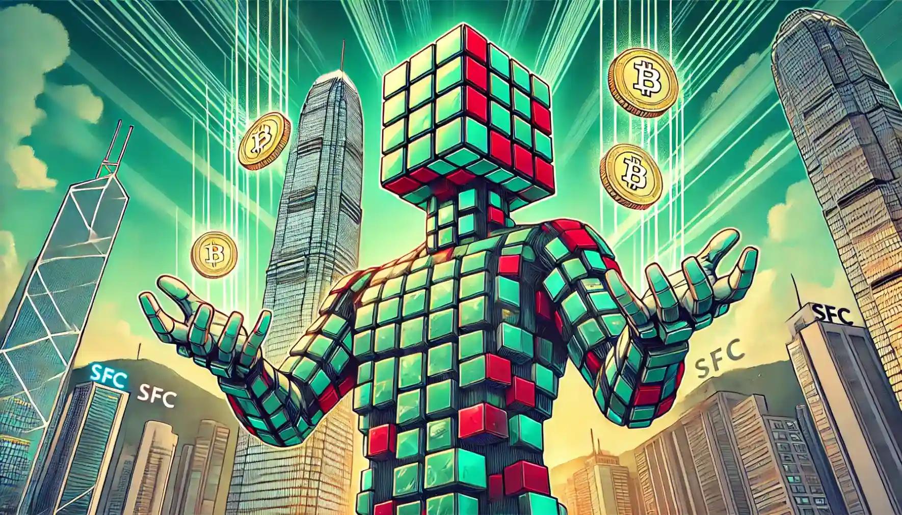 Robot presents glowing crypto assets above Hong Kong skyline as SFC reforms