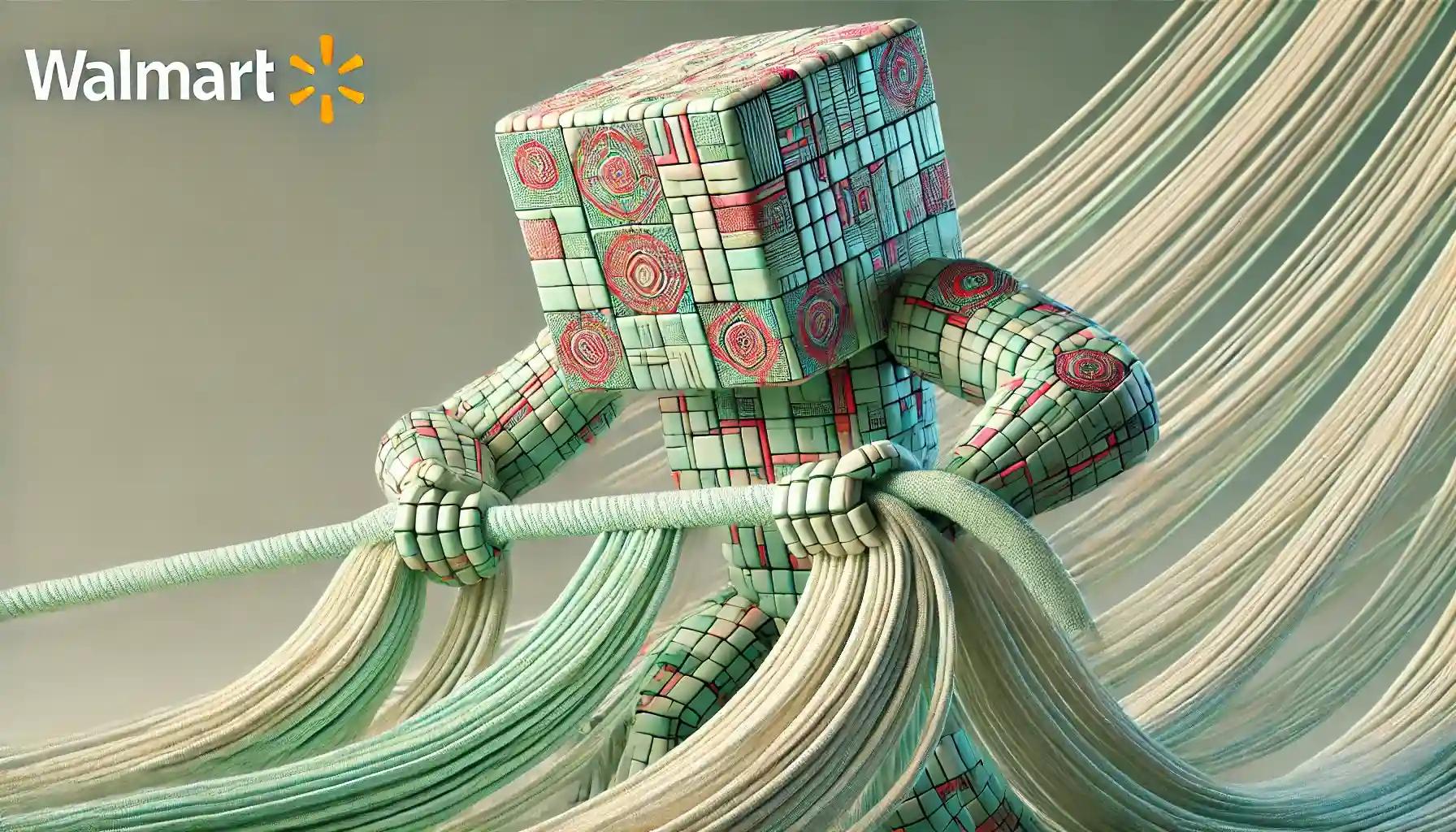 Robot pulling glowing threads weaving financial network, pastel retail crypto price