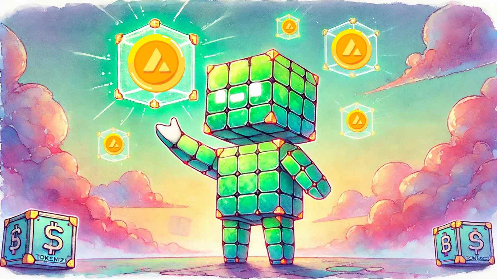 Robot reaches for assets cube with an Avalanche logo