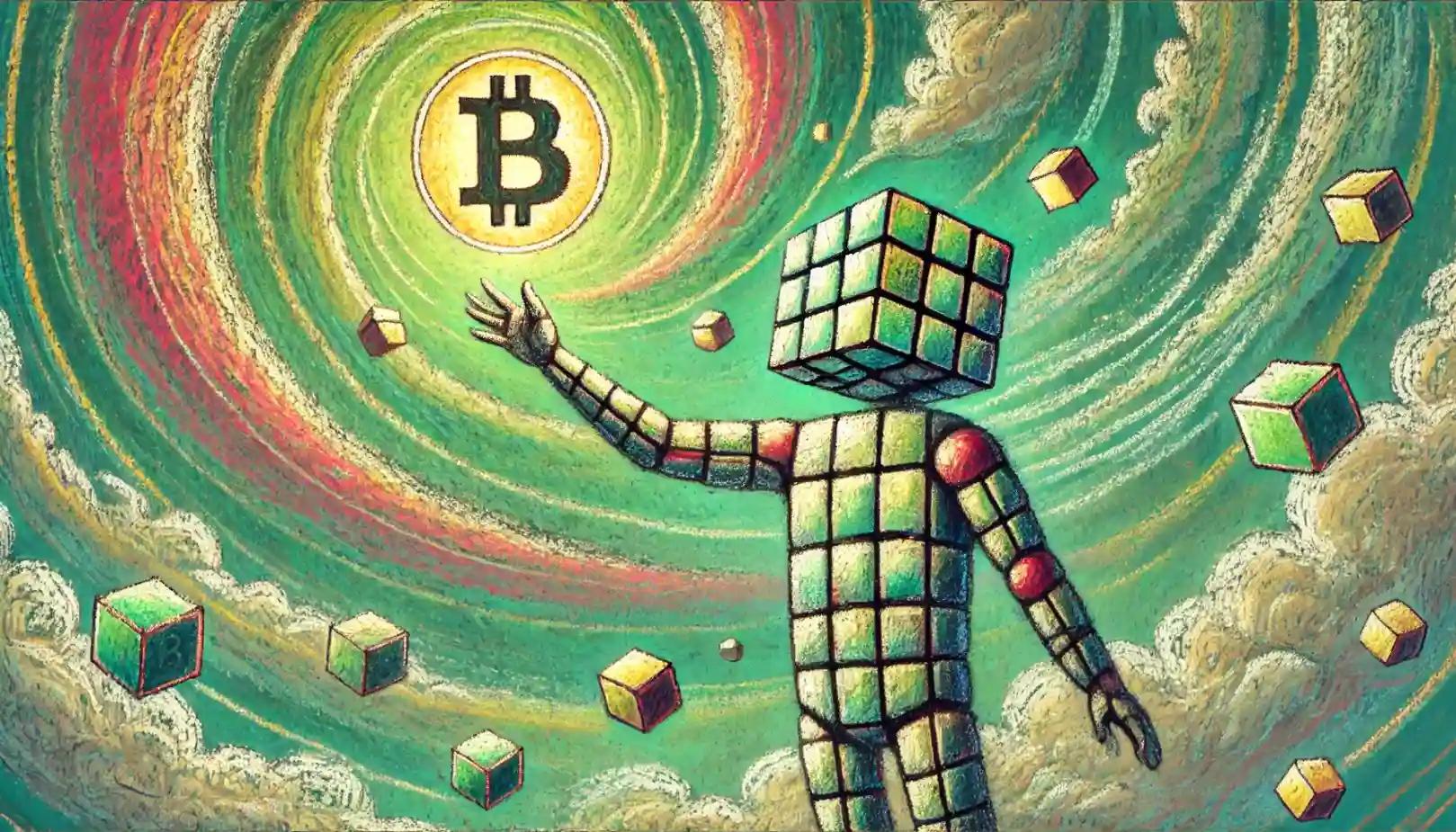 Robot reaches for glowing Bitcoin in pastel green sky
