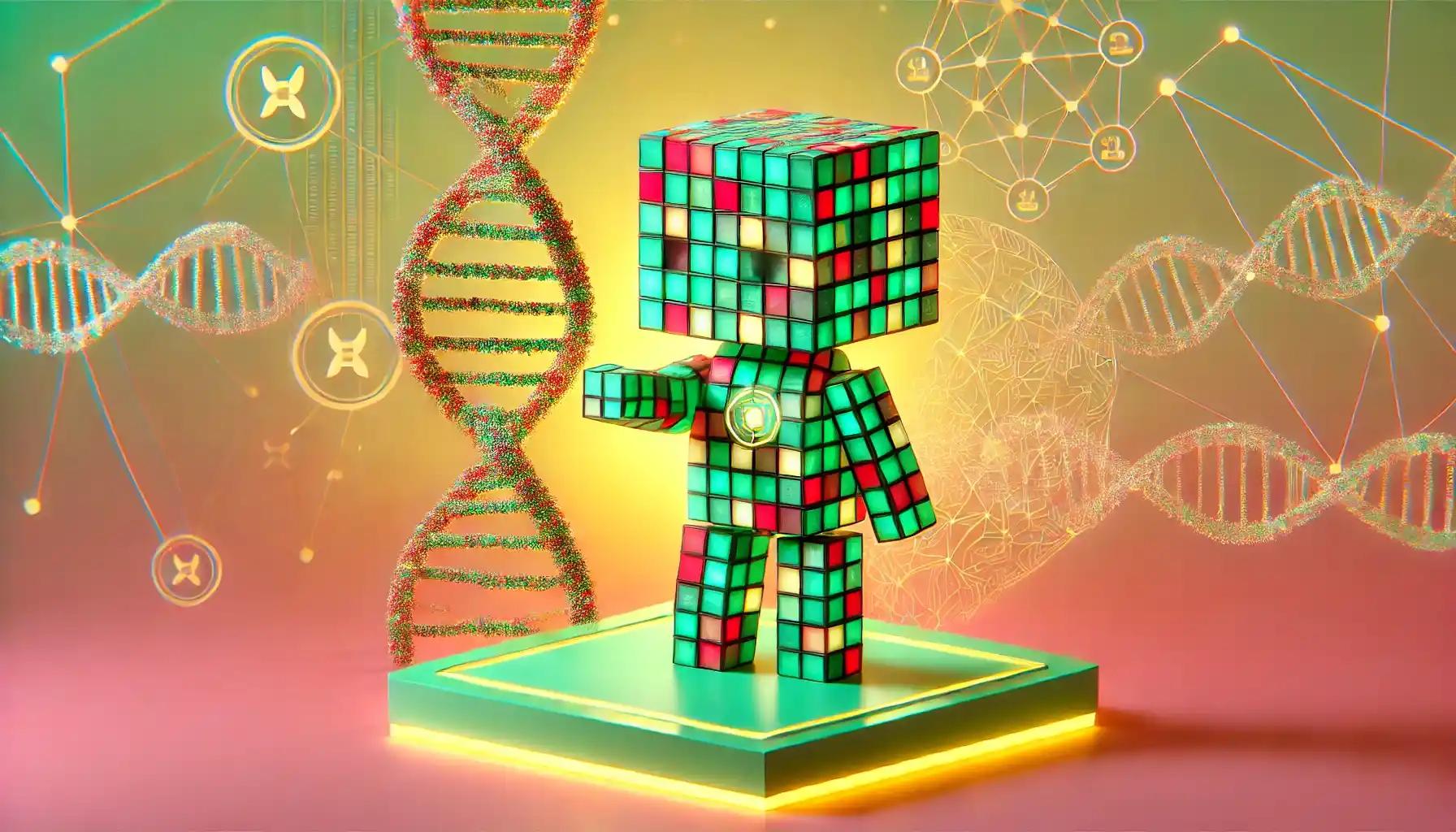 Robot reaching toward DNA helix on futuristic biotech grid