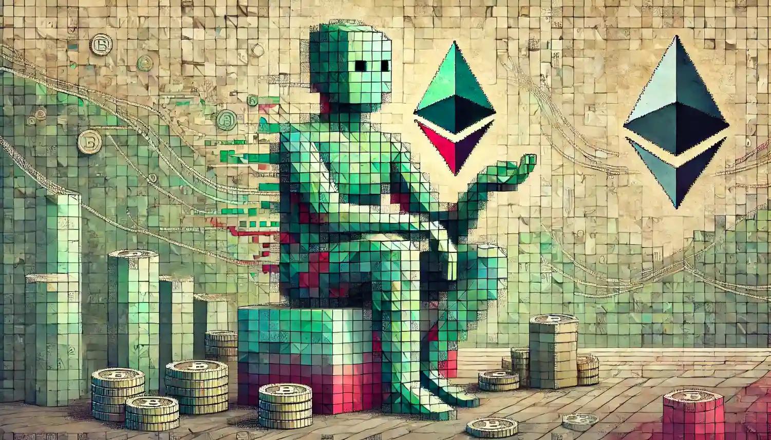 Robot reflects on Ethereum treasury amid softly flowing blockchain lines