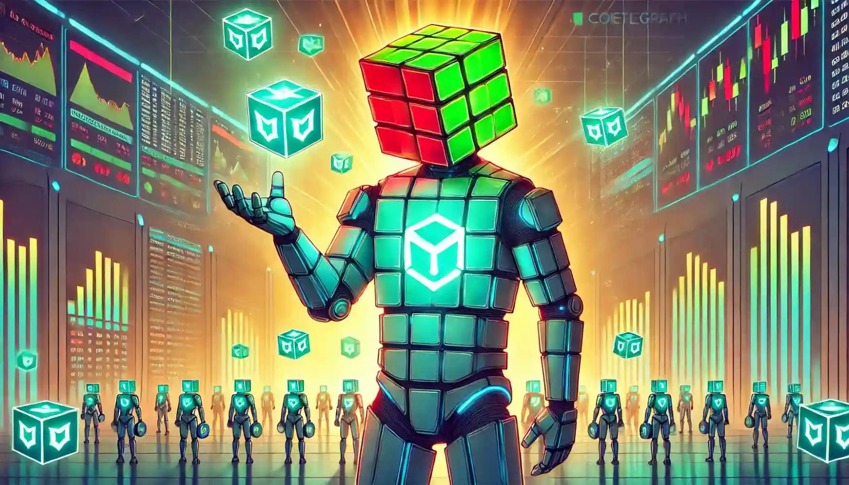 Robot releases POLY cubes symbolizing airdrop and rising crypto price