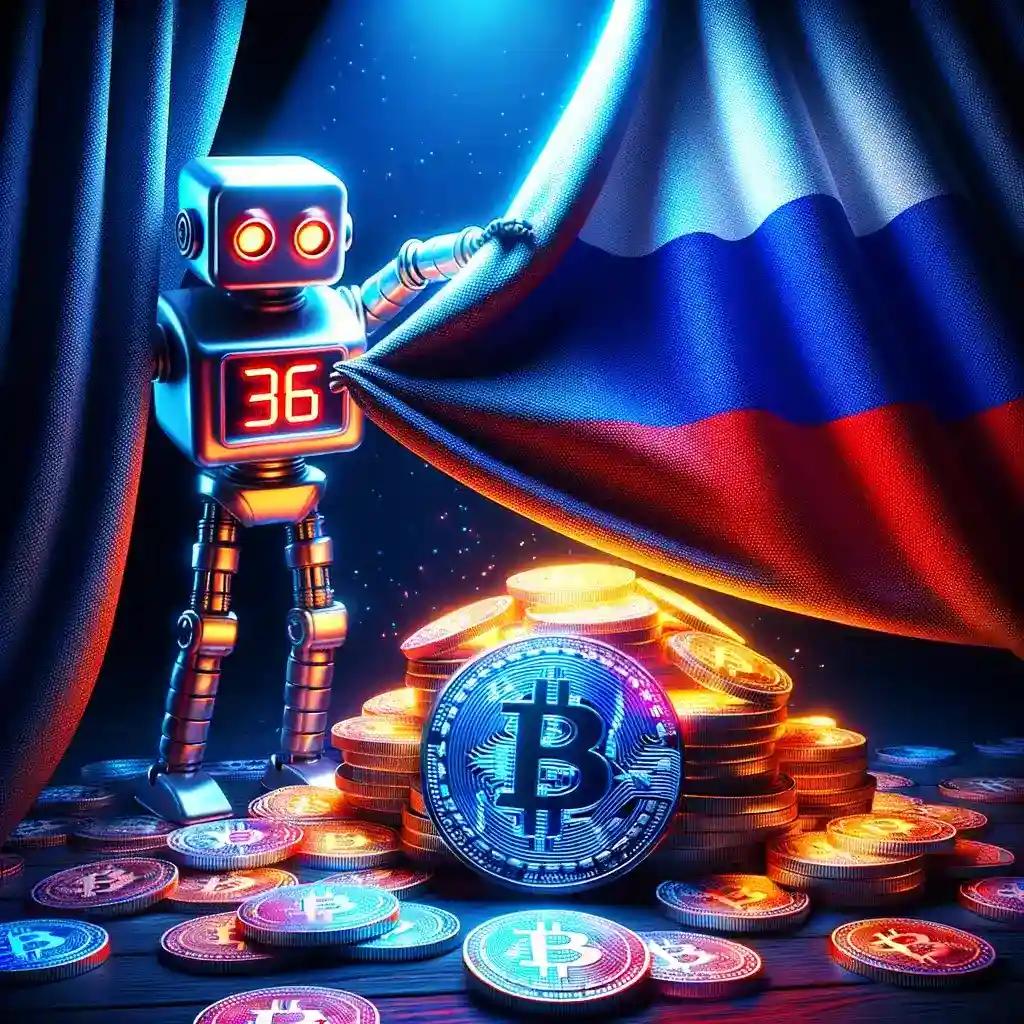 Robot revealing Bitcoins and Russian flag