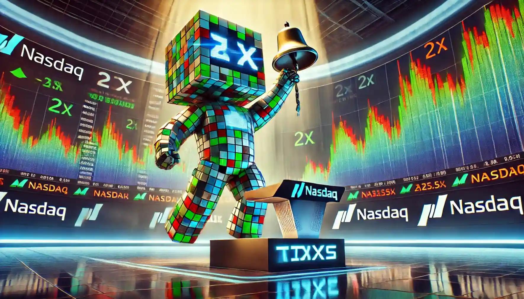 Robot ringing the Nasdaq opening bell for the new 2x leveraged SUI ETF