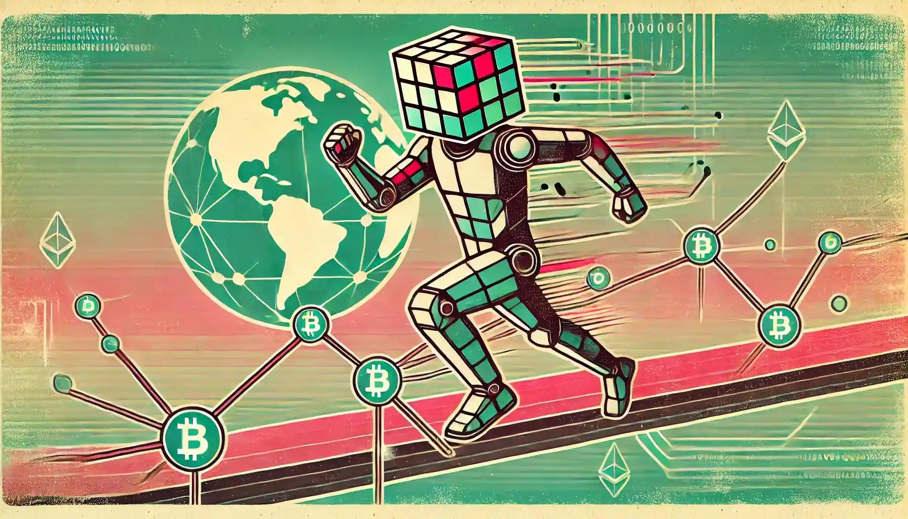 Robot running along blockchain bridge above a pastel globe