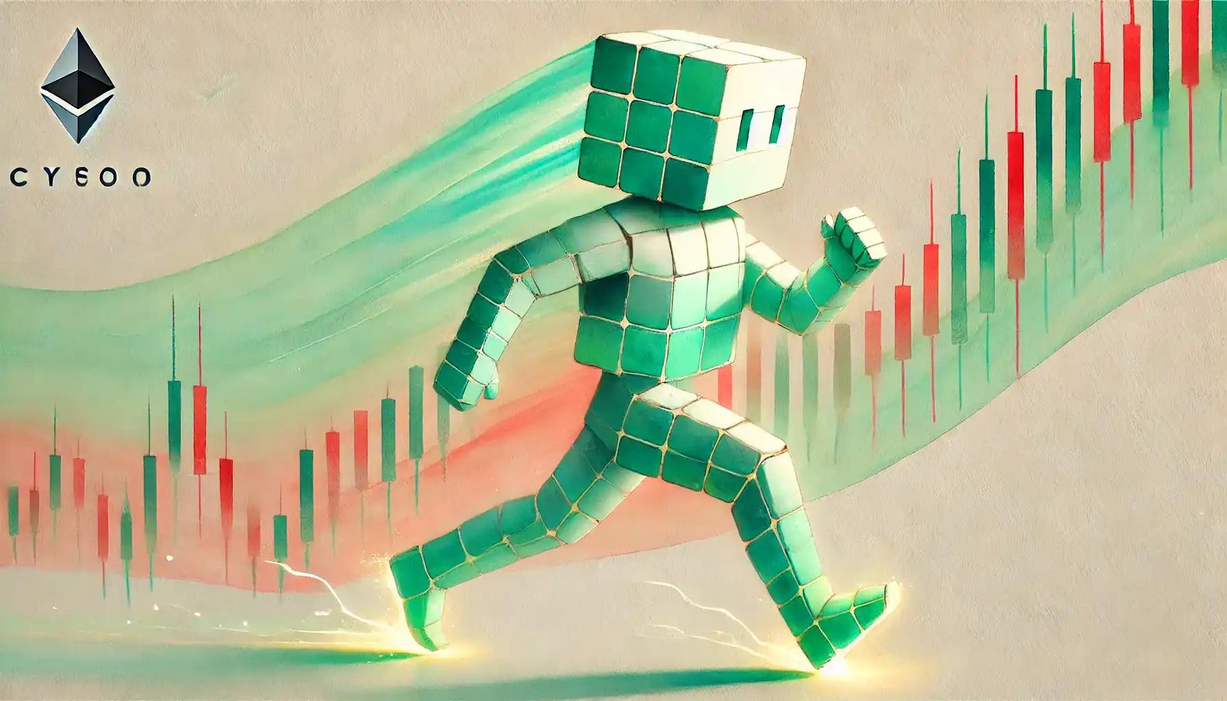 Robot running along mint ribbon shaped like crypto price chart
