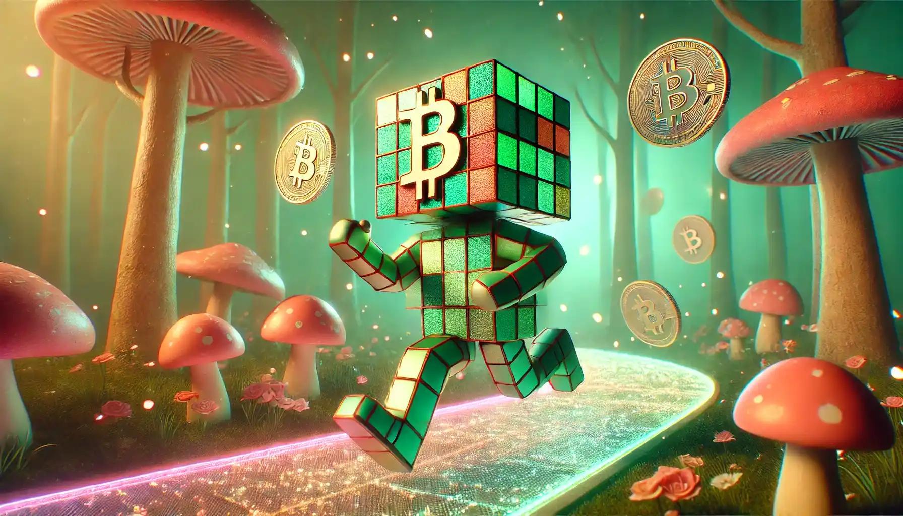 Robot running on Bitcoin fragments amid pastel mist