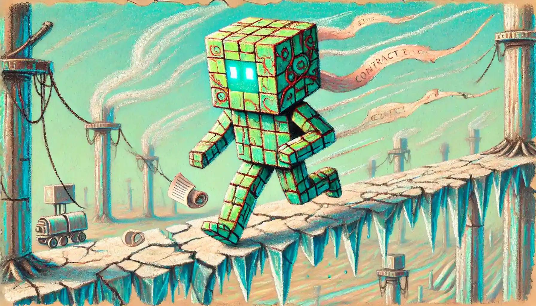 Robot runs across crystal bridge above abandoned mining rigs