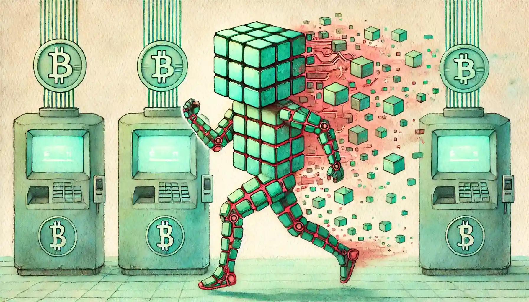 Robot runs past merchant terminals processing fast crypto transactions.webp