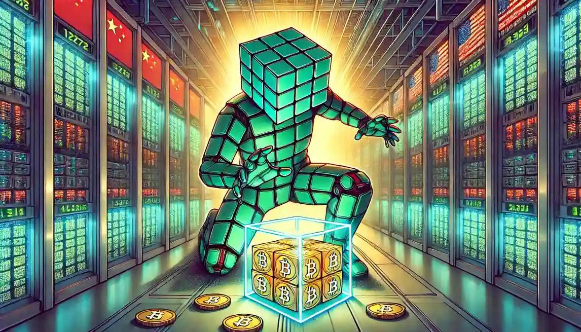 Robot scanning digital vaults in mining site with crypto price index chart