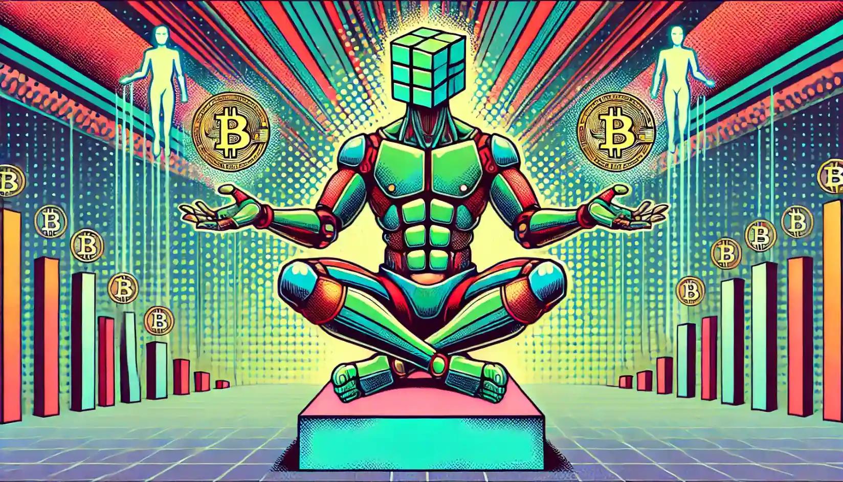 Robot seated holding Bitcoin symbols on glowing podium of innovation