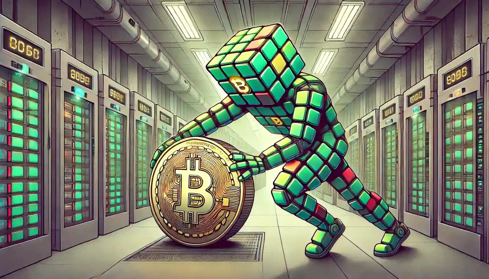 Robot secures Bitcoin cube into lending vault amid rising crypto price index