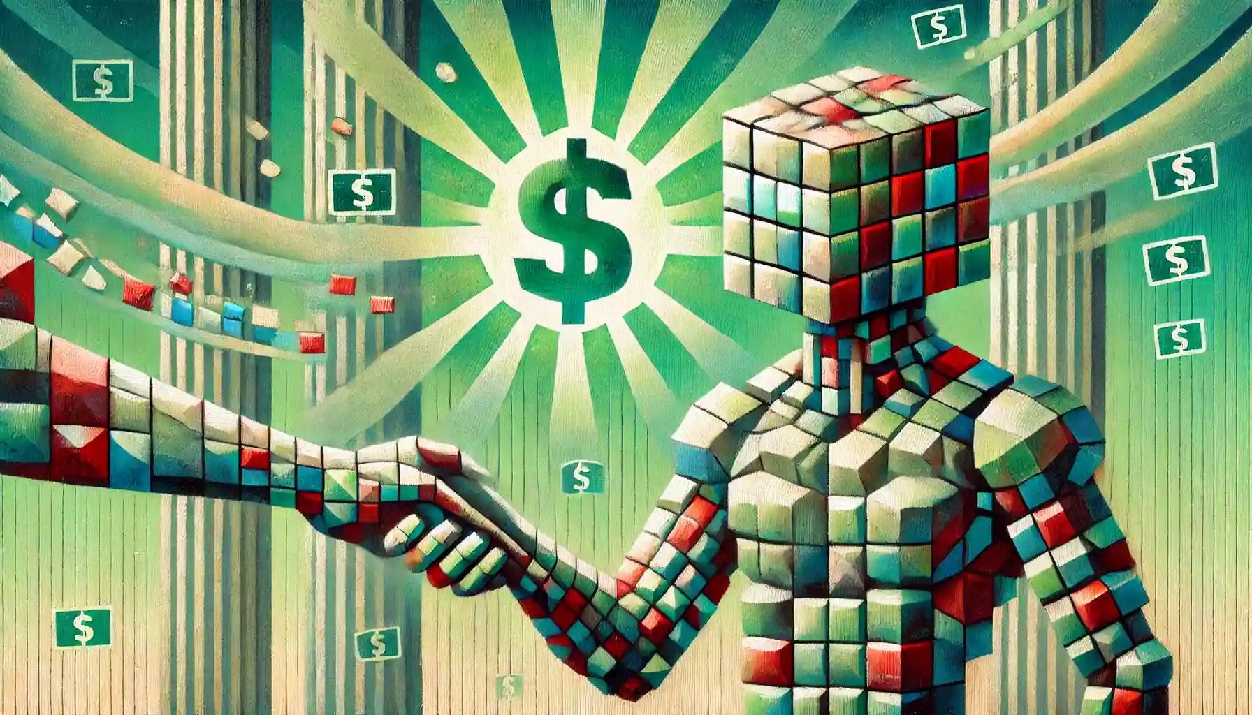 Robot shaking hands with a holographic pastel Treasury emblem