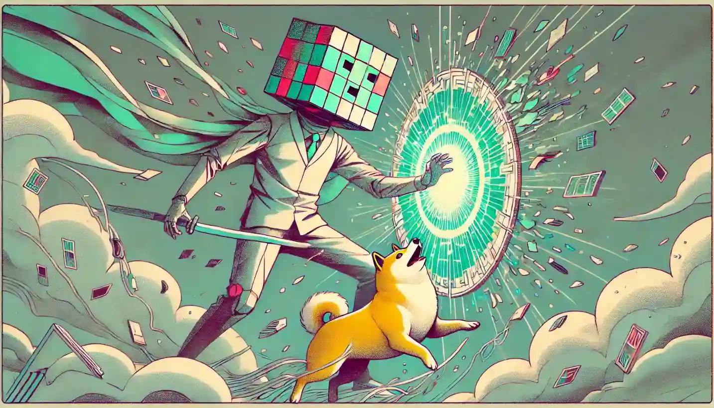 Robot shields Doge amid swirling crypto data void in pastel