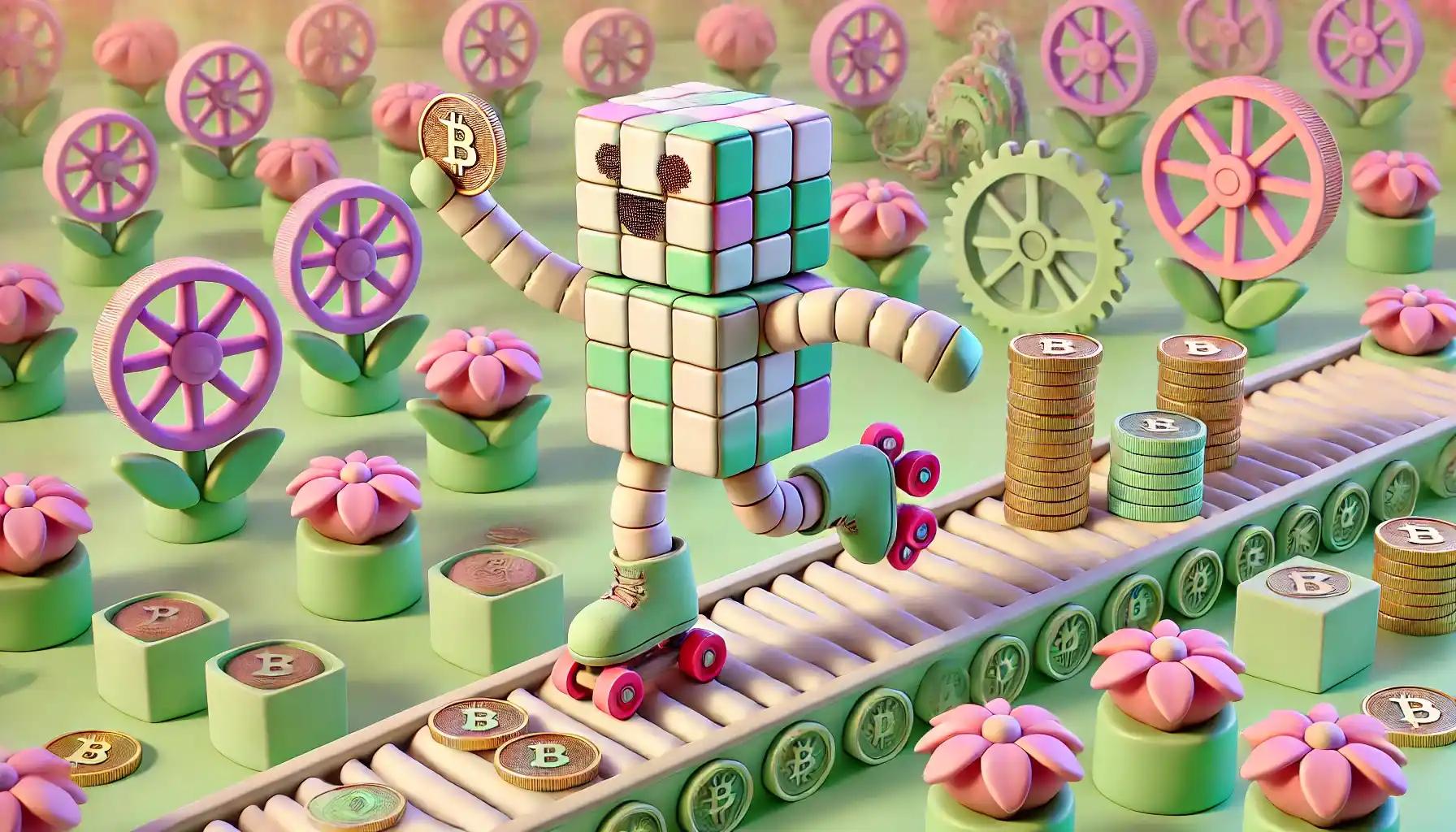 Robot skates across Solana gears in pastel mint world