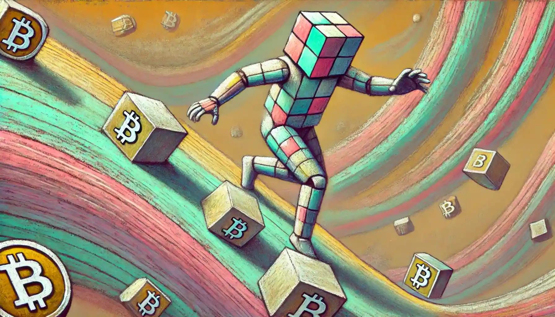 Robot sliding on tilted Bitcoin blocks, echoing sudden crypto price