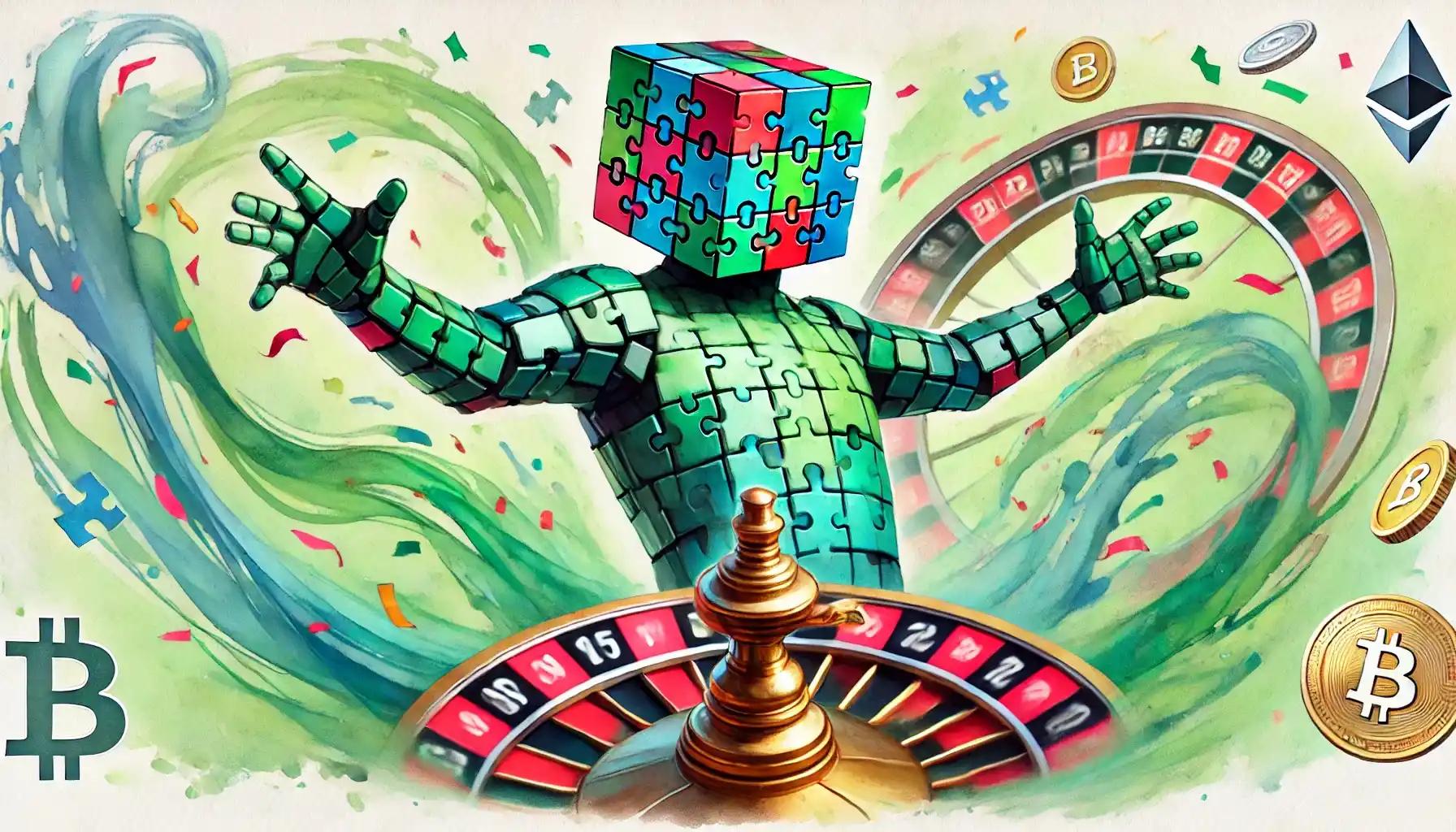 Robot spins puzzle roulette, celebrating major crypto price fundraising milestones
