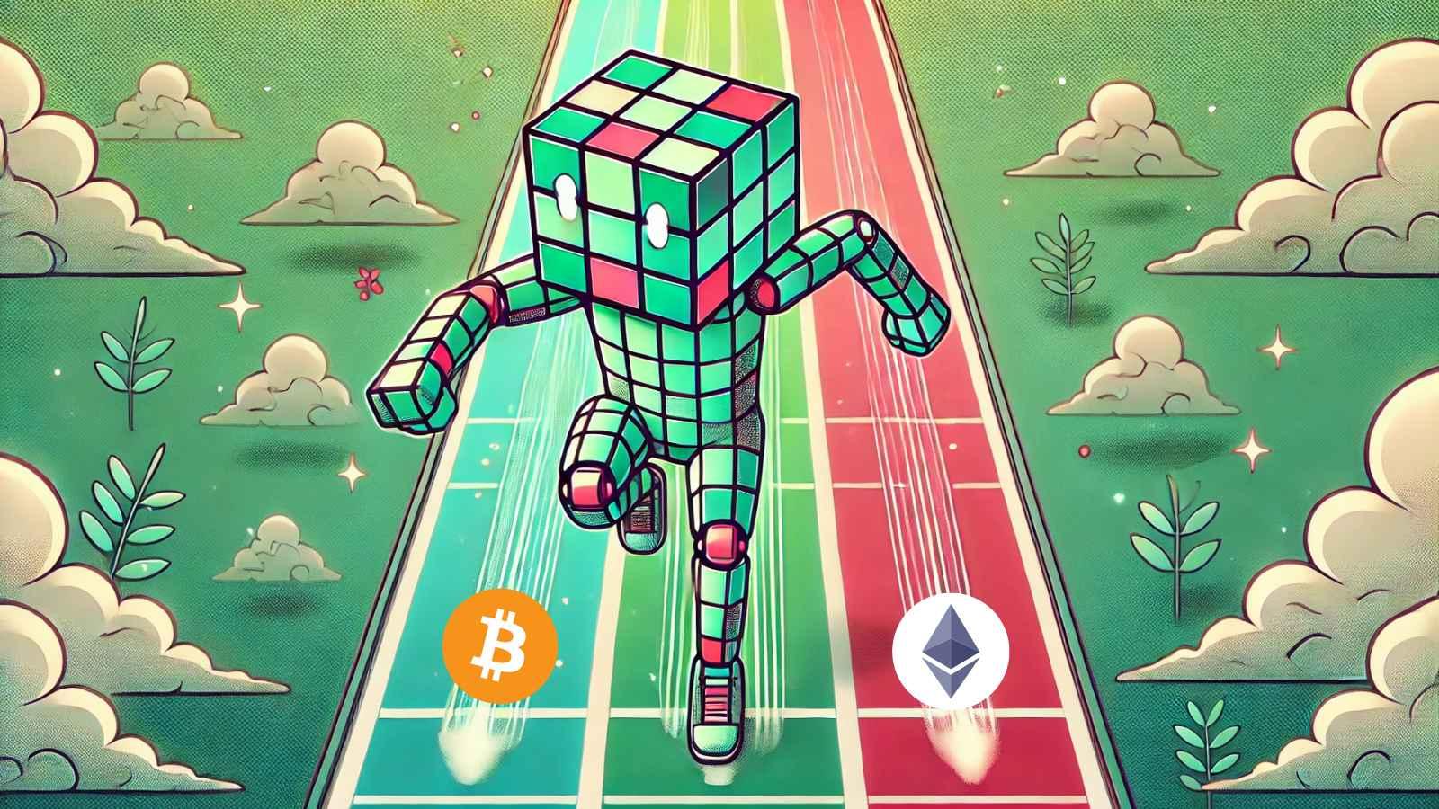 Robot sprinting Ethereum lane glowing, Bitcoin lane dim in race