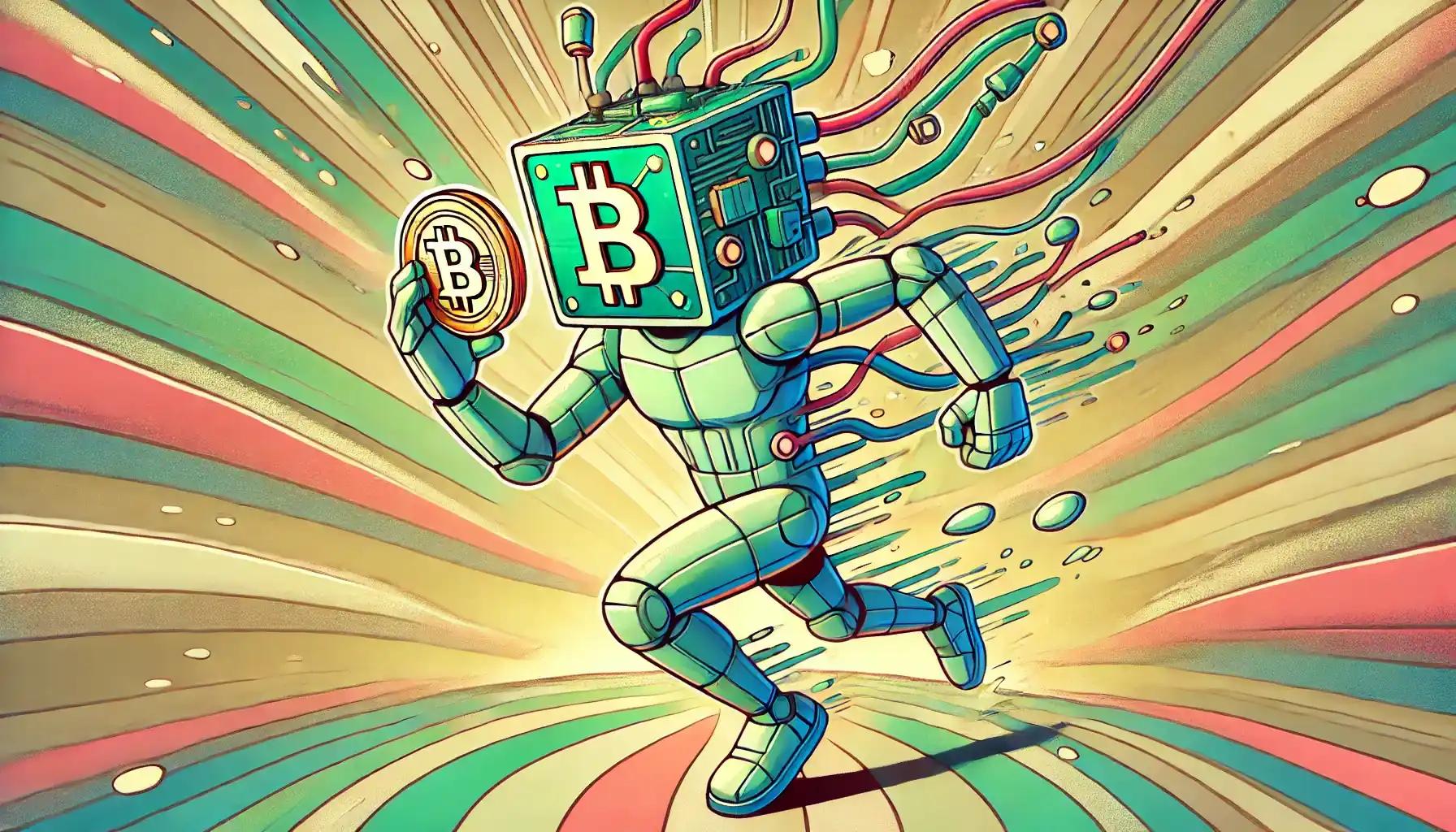 Robot sprinting forward with glowing Bitcoin emblem in vortex