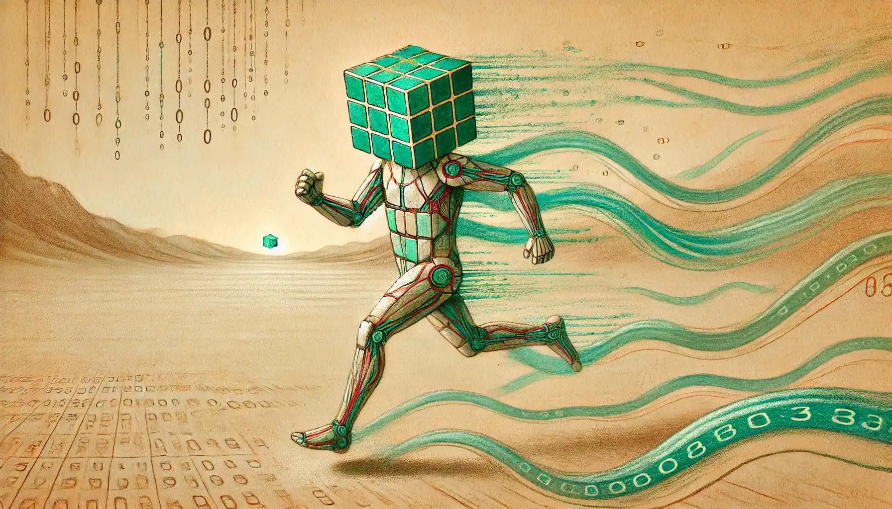 Robot sprints across parchment plain, scattering chains of coin market cap