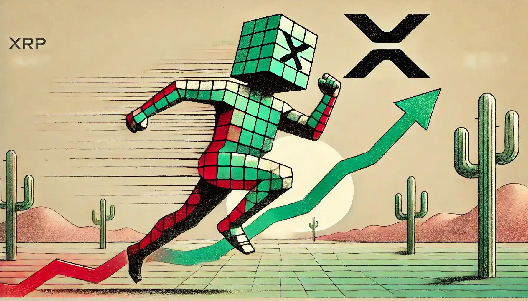 Robot sprints on rising chart, pastel desert backdrop