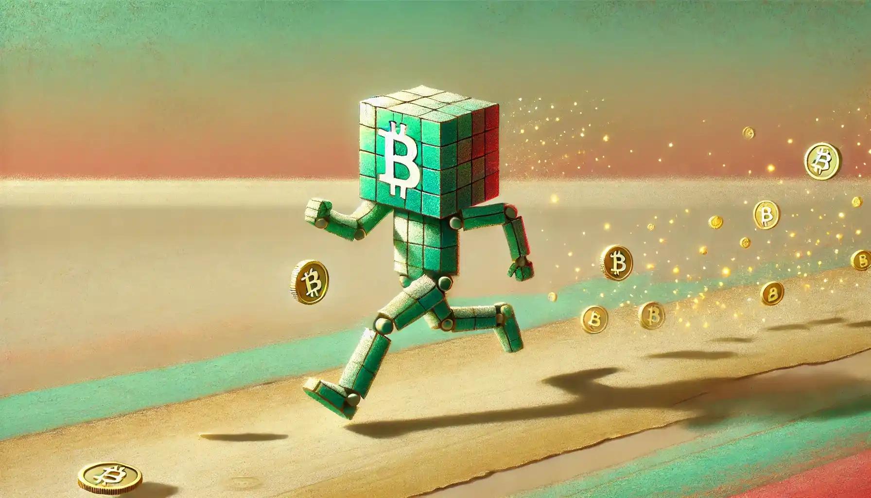 Robot sprints with glowing coins fueling bitcoin treasury, crypto price index