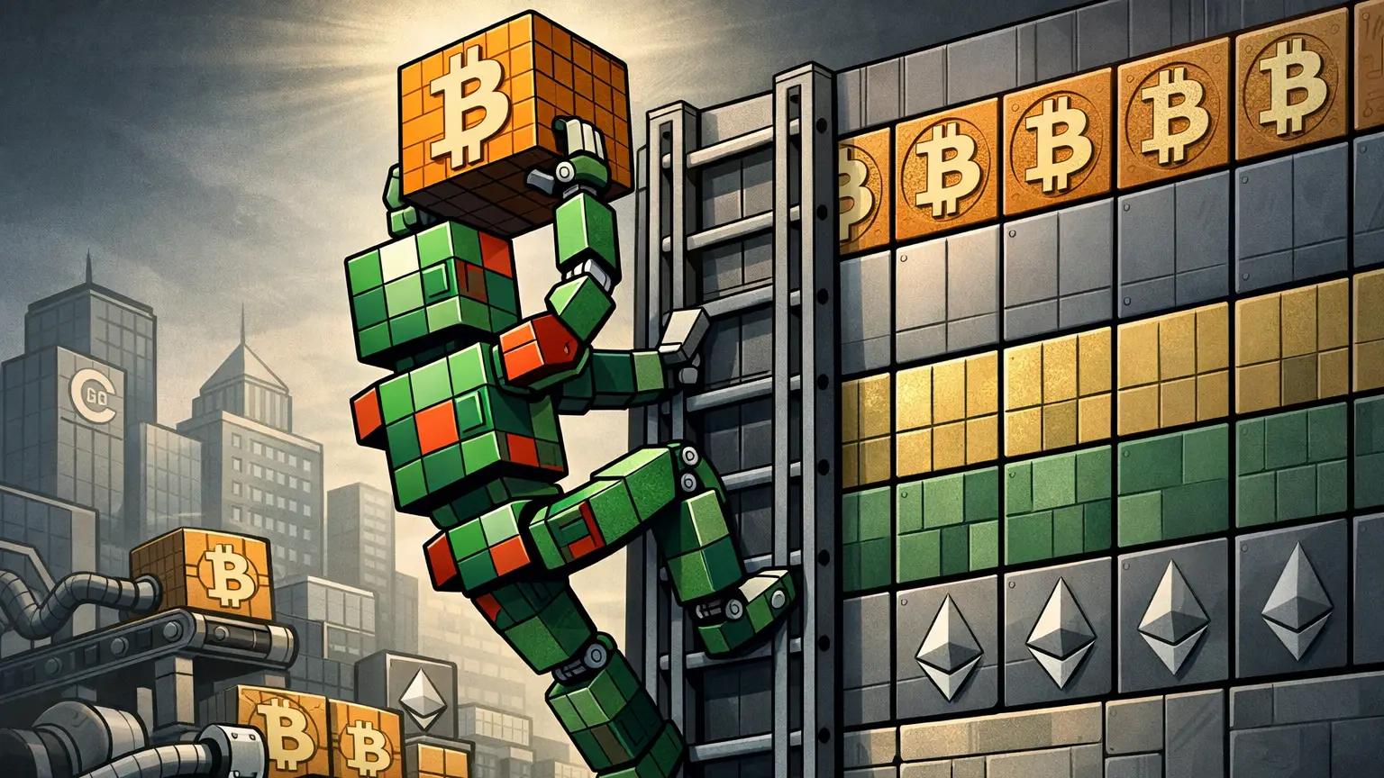 Robot stacking Bitcoin reserves reflecting expanding crypto price index