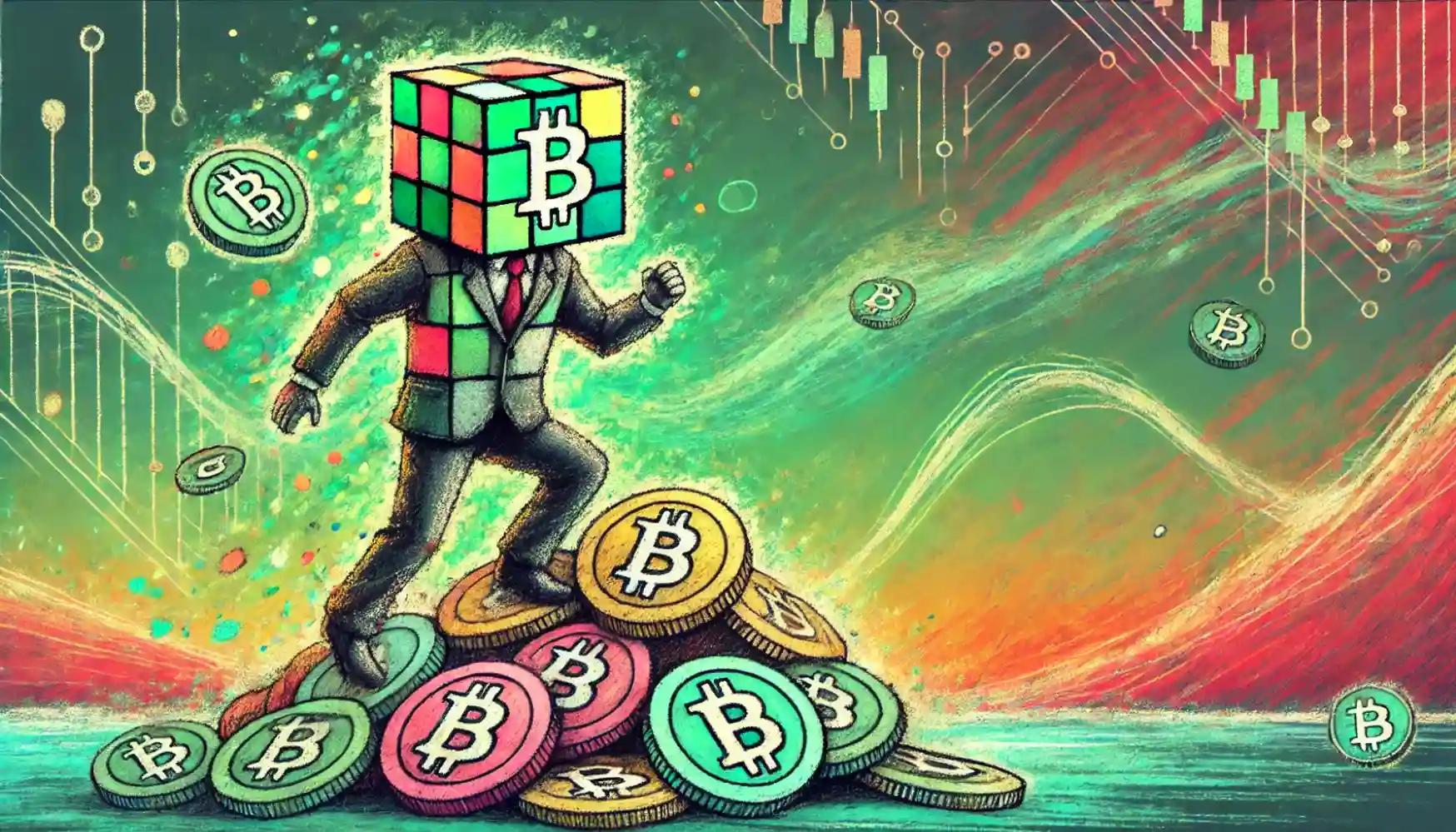 Robot stacks Bitcoin on digital mountain with pastel background