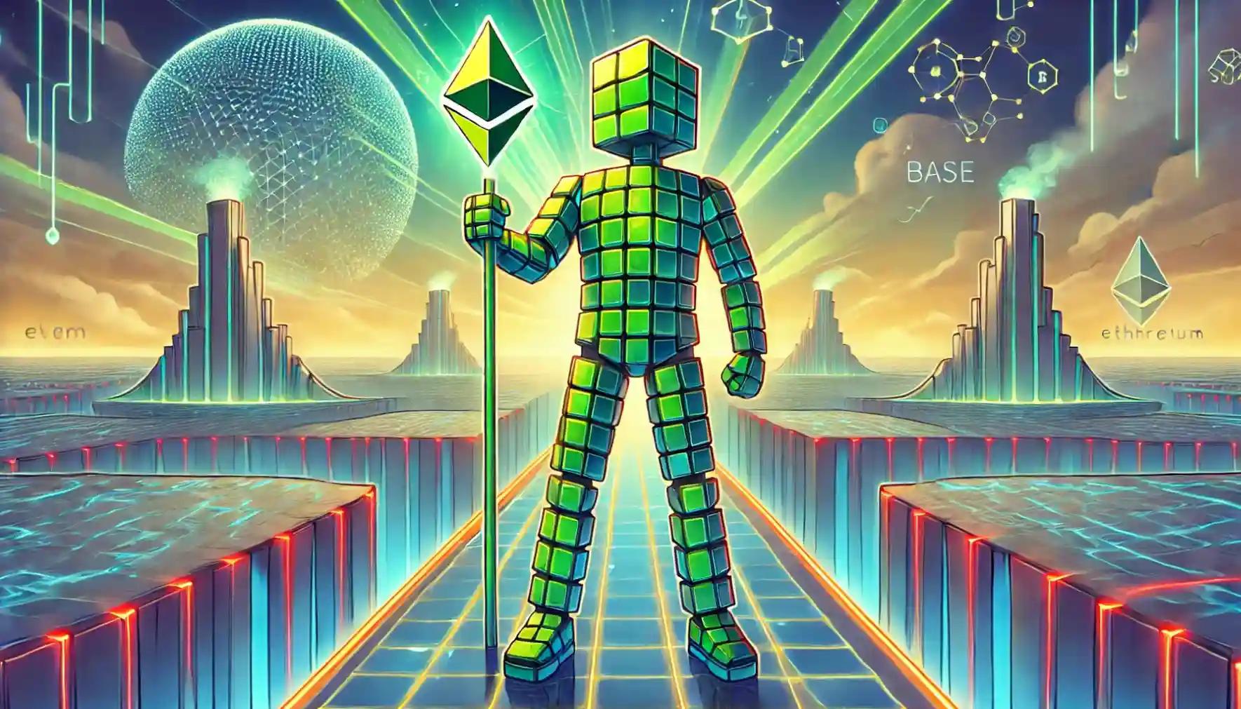 Robot standing on a seamless Chainlink CCIP bridge connecting EVM Base and Solana islands.