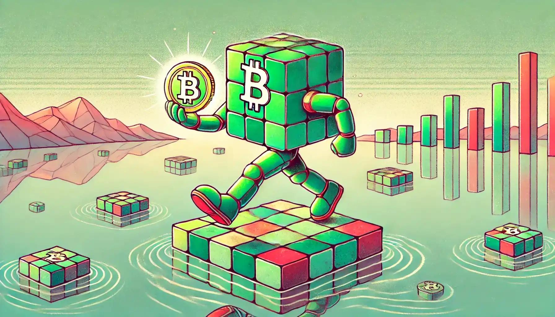 Robot strides holding Bitcoin above pastel lake with floating platforms