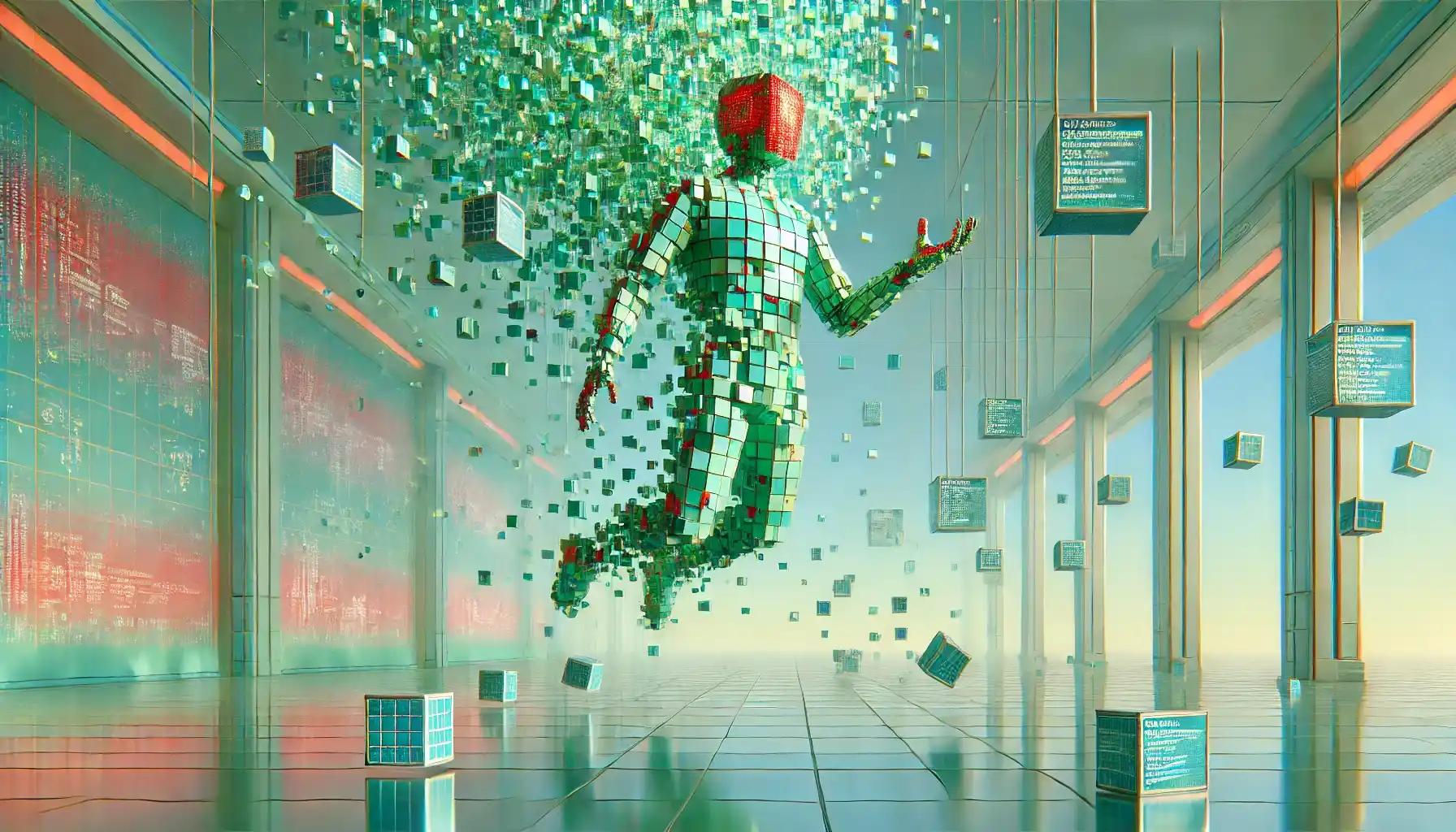 Robot struggles to secure data as digital panels shatter