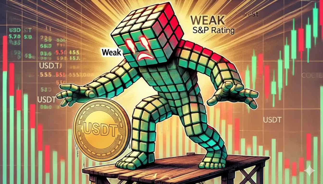 Robot struggles to stabilize a massive USDT coin marked with a "WEAK" stability downgrade