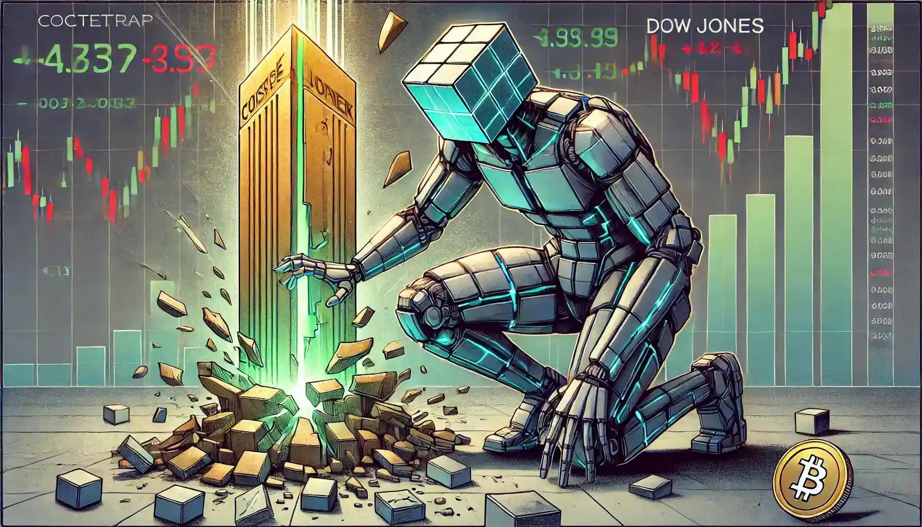 Robot studies cracked gold monolith under glowing Dow Jones skyline