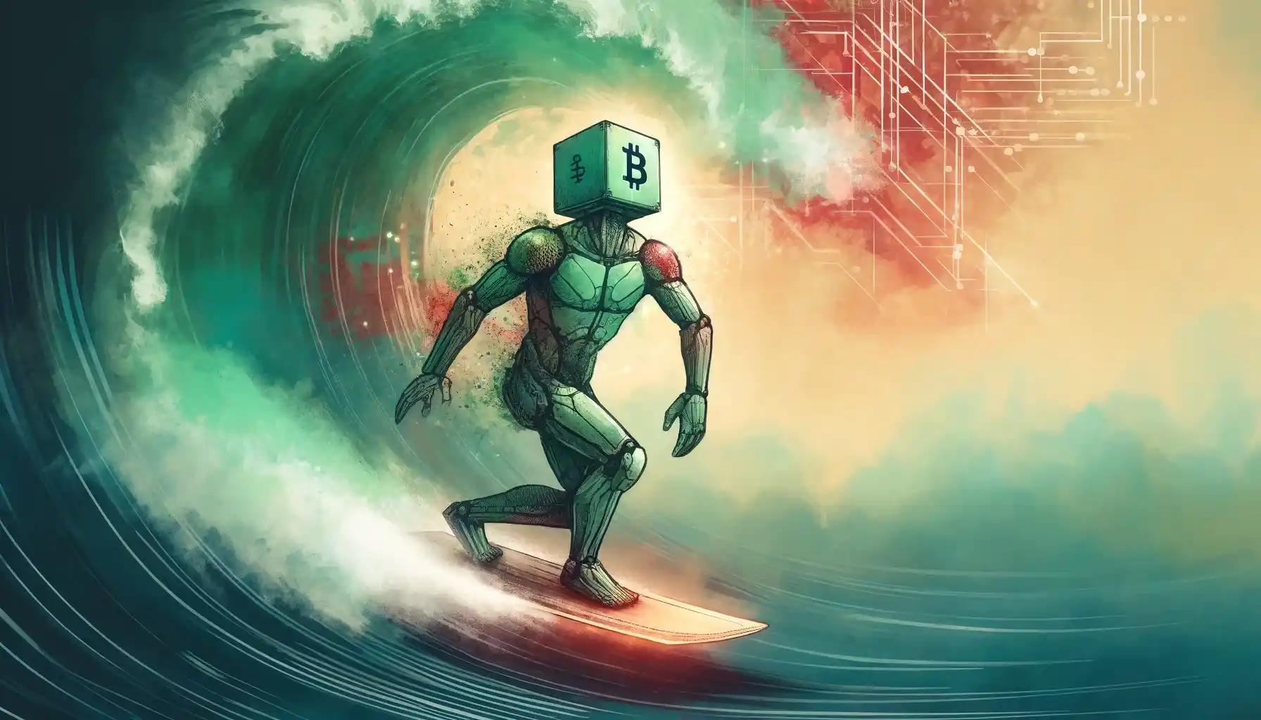 Robot surfing Bitcoin chart wave, blockchain connections in mist