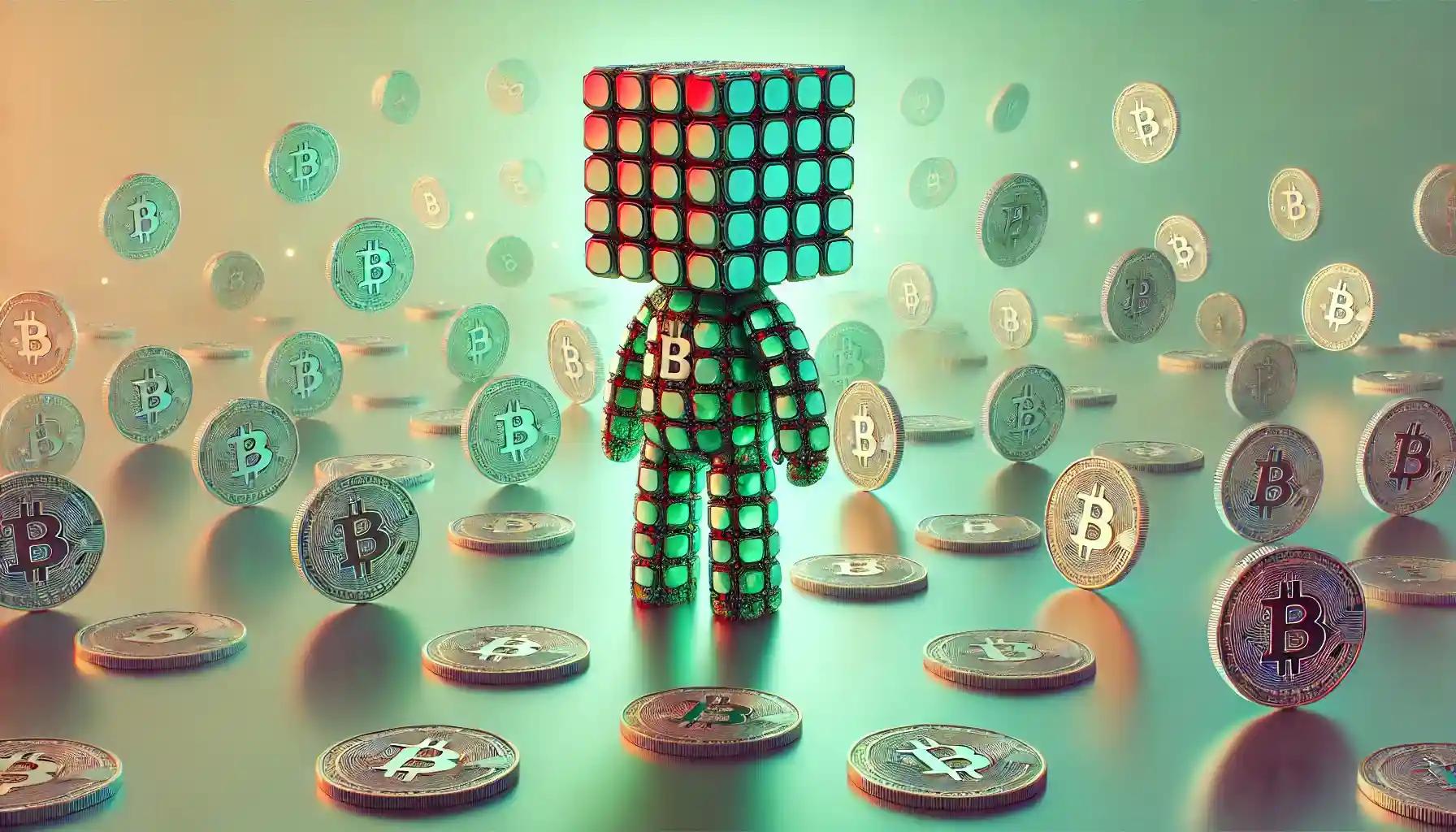 Robot surrounded by spinning Bitcoin tokens, futuristic pastel mint scene