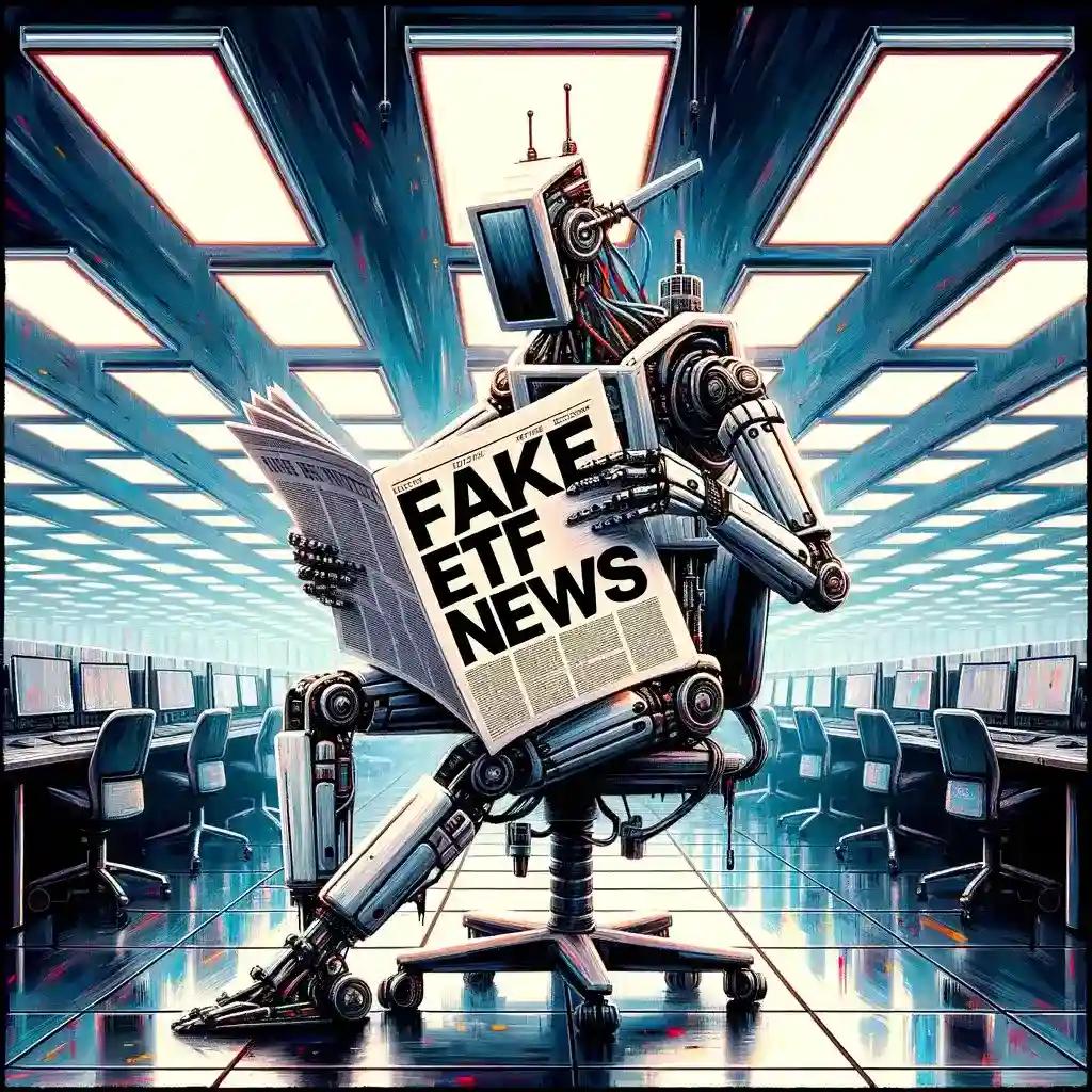 Robot tearing up fake ETF news at news desk
