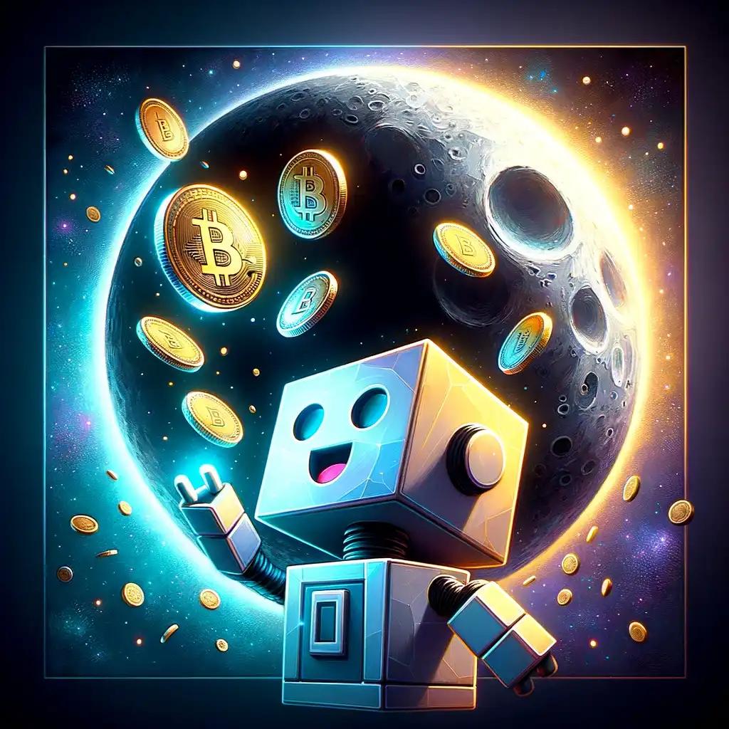 Robot tossing crypto coins during lunar eclipse, questioning if lunar eclipse causes crypto market crash